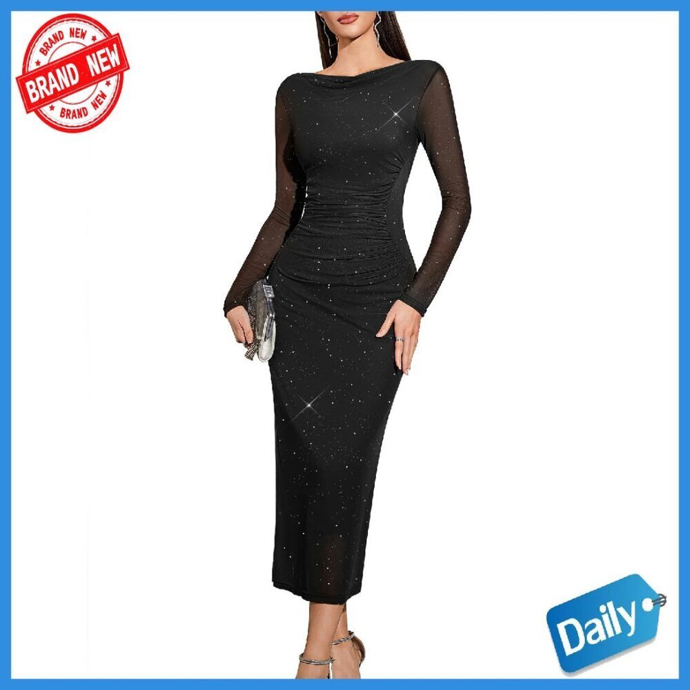 Sequin Mesh Maxi Dress Long Sleeve Bodycon Fall Party Holiday